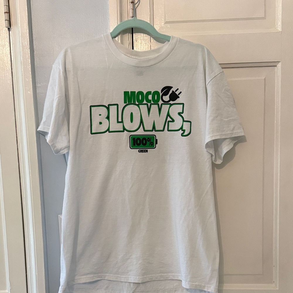 MOCO BLOWS White Graphic T-Shirt with Green Print. MOCO BLOWS – 100% GREEN